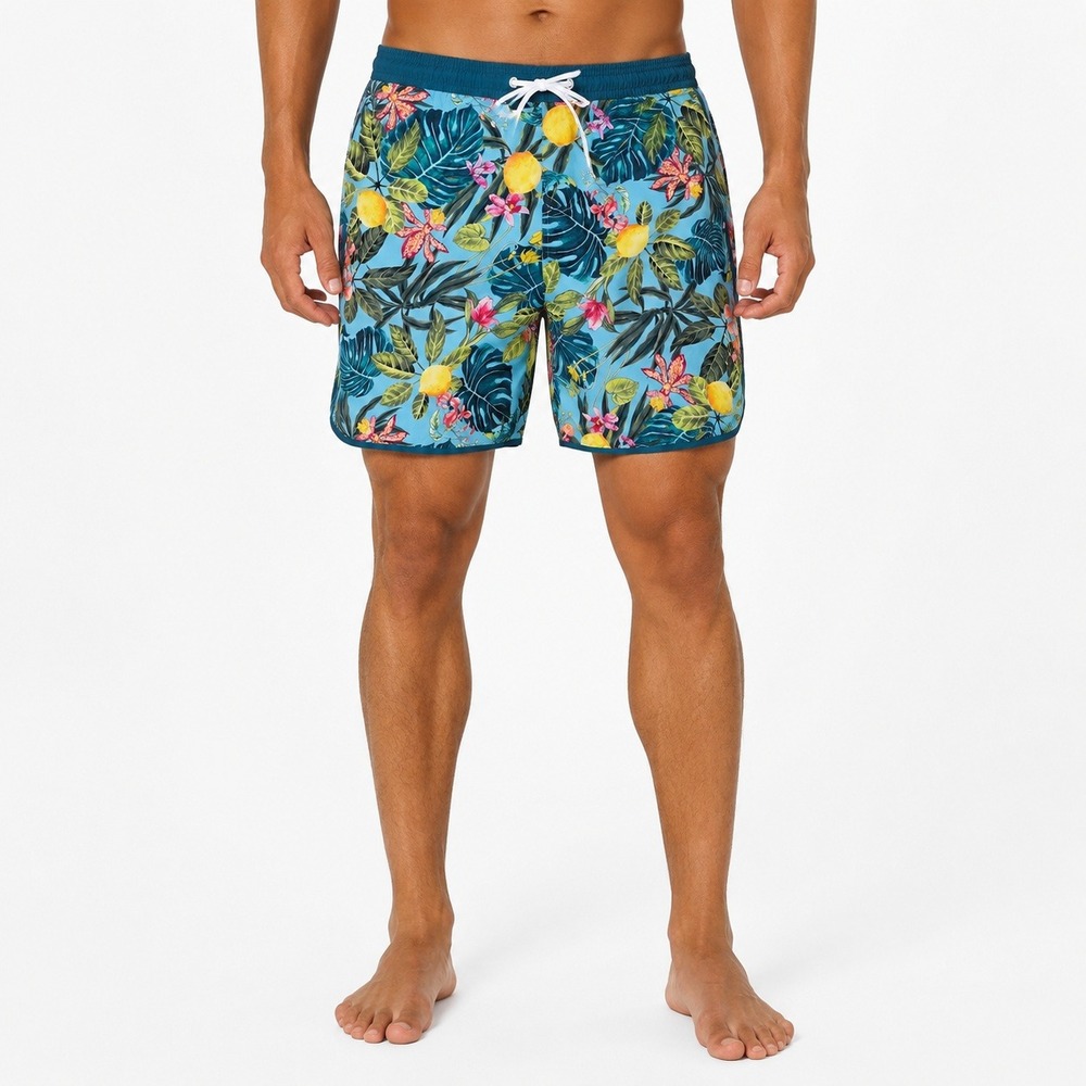 Hot Coals Mens Tropical Lemon Floral Swim Shorts Blue Quick Dry UPF 50+ Large